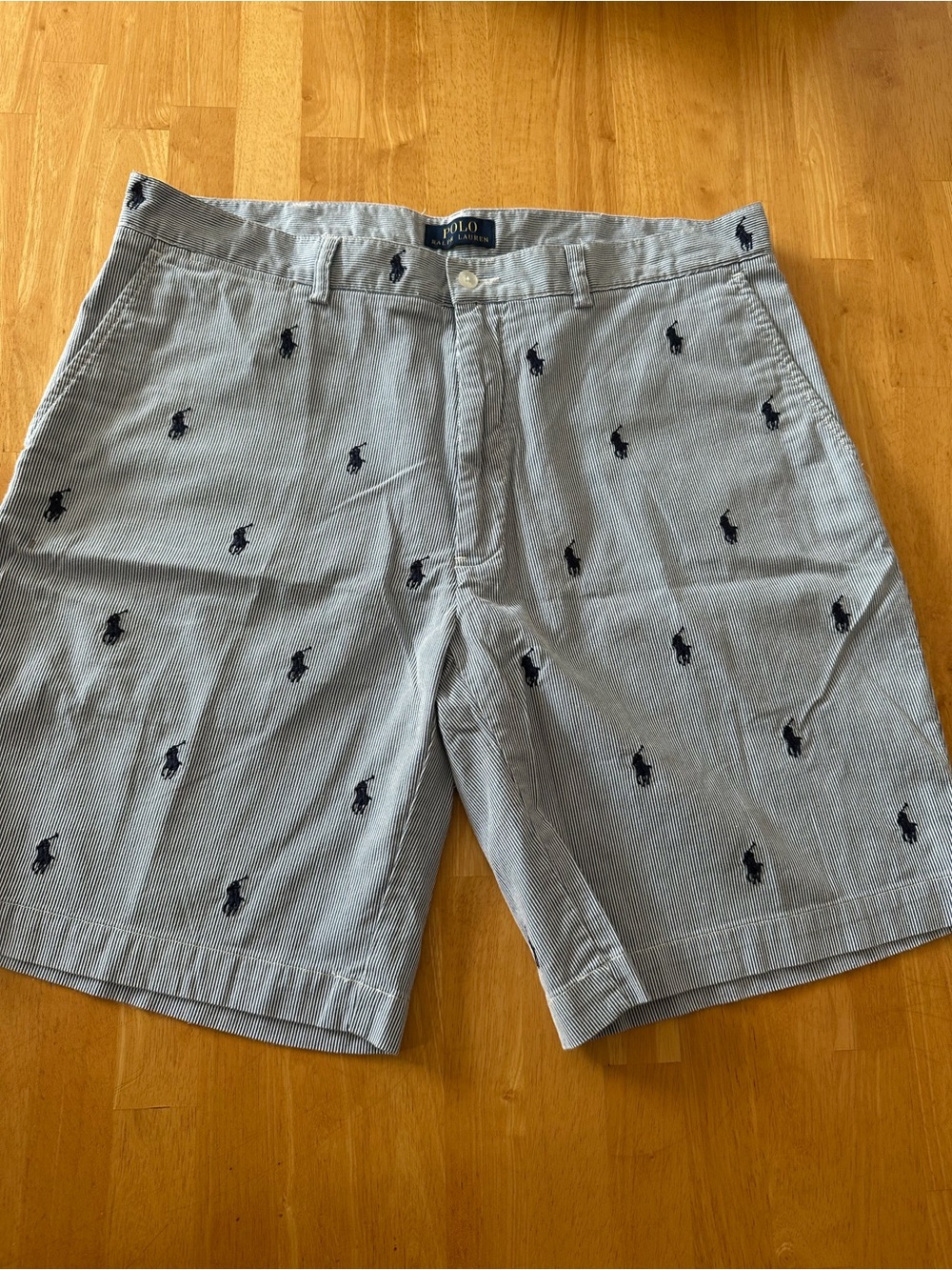 Ralph Lauren Light Blue Pinstriped Shorts with Navy Pony Embroidery. Size 35